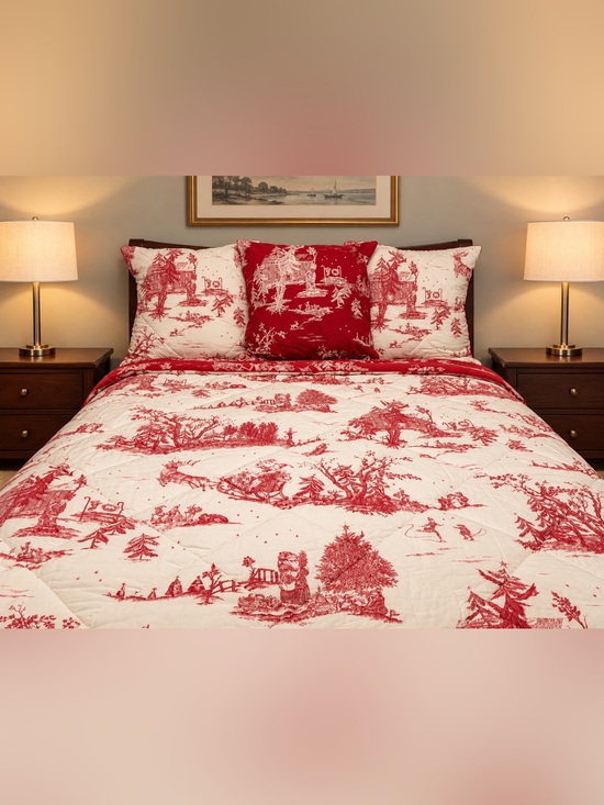 Pottery Barn Other - Pottery Barn Red & White Santa Toile Quilt Set King with 3 Euro Shams Reversible